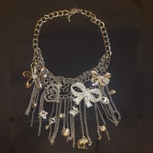 Silvertoned Link Necklace with Bow Charms